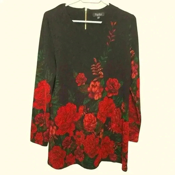 Papillion Black Dress  w Roses ,Soft Stretchy , Long Sleeve Back Zipper - Picture 1 of 5